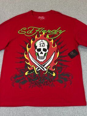 Ed Hardy Tattoo Flame Skull Lucky 13 Tee Red T Shirt Mens Large Y2K NWT